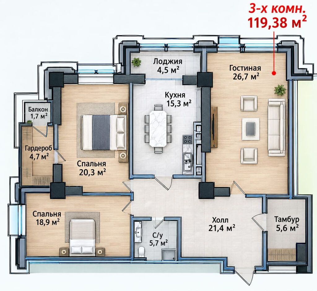 3 комнаты, 119 м², Асанбай мкр Элитка, 5 этаж, ПСО (под самоотделку): фото 2