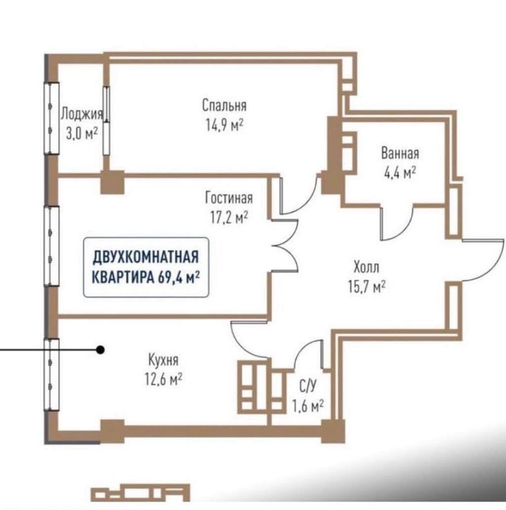 2 комнаты, 69 м², Элитка, 11 этаж, ПСО (под самоотделку): фото 4