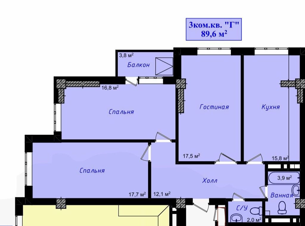 3 комнаты, 90 м², Аламедин-1 мкр Элитка, 10 этаж, ПСО (под самоотделку): фото 3