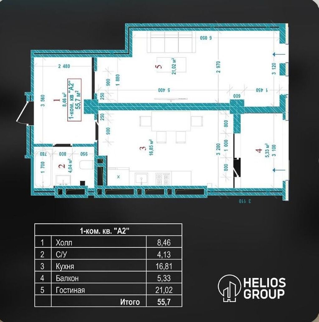 1 комната, 55 м², Джал мкр (в т.ч. Верхний, Нижний, Средний) Элитка, 15 этаж, ПСО (под самоотделку): фото 1