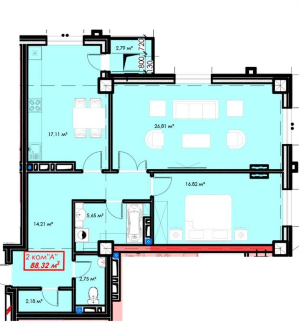 2 комнаты, 88 м², Южная Магистраль Элитка, 6 этаж: фото 2