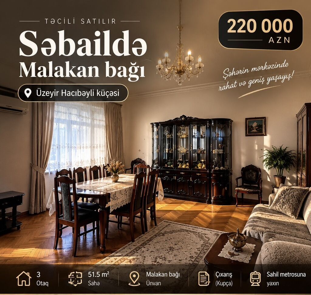 Bakı, 3 otaqlı, Köhnə tikili, m. Sahil, 51 kv. m