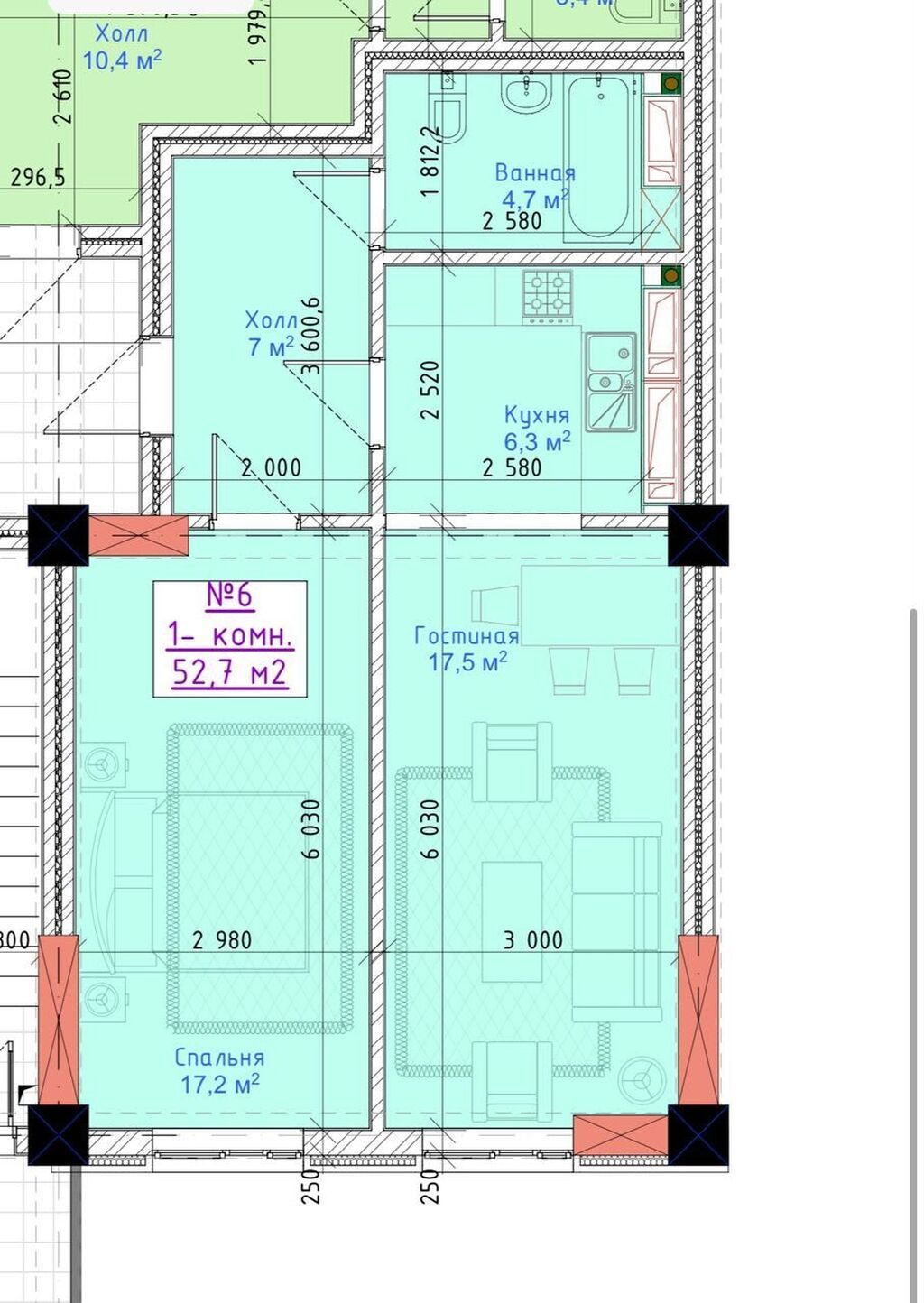 1 комната, 52 м², 8 мкр Элитка, 15 этаж, ПСО (под самоотделку): фото 1