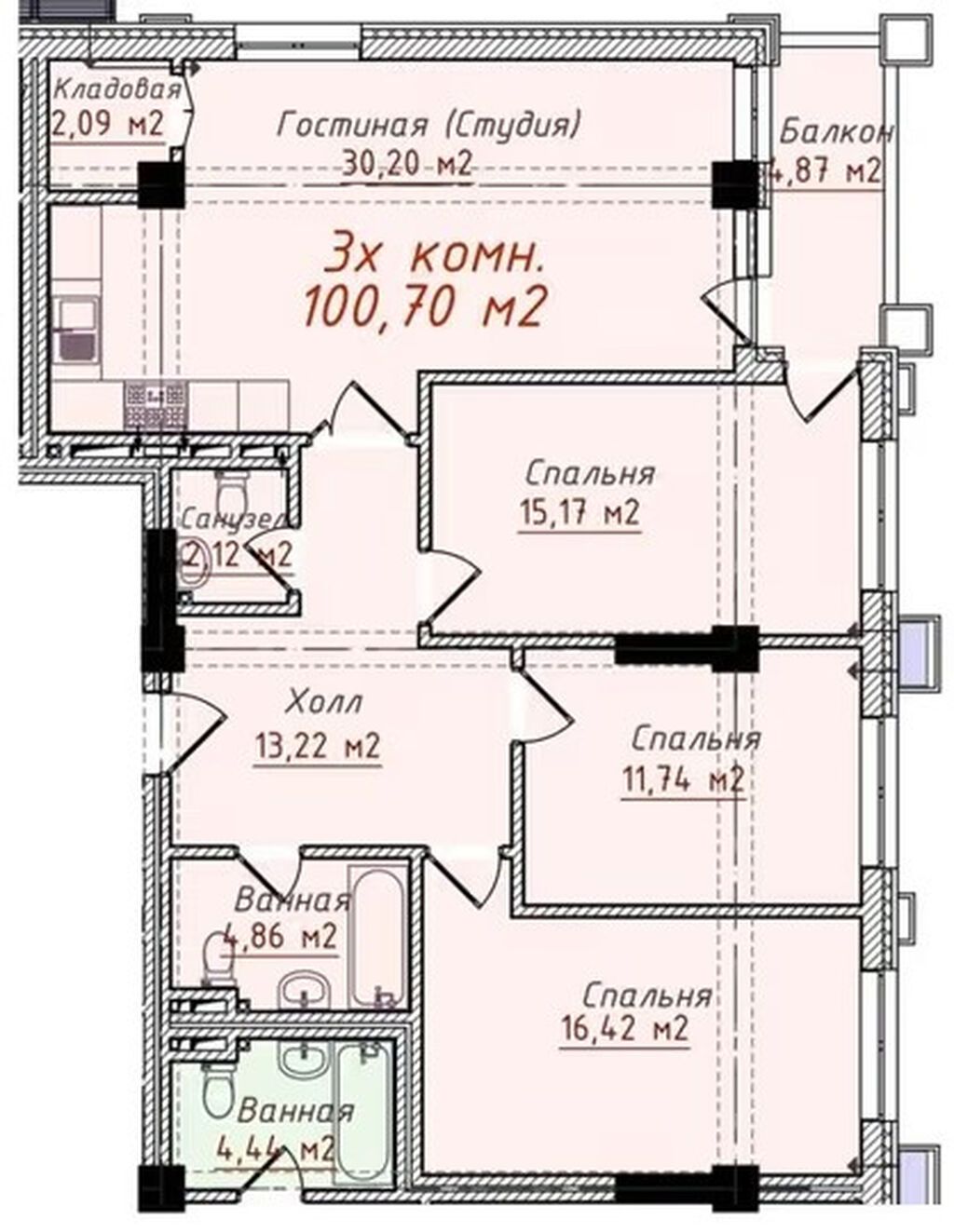3 комнаты, 100 м², Бишкек Парк ТРЦ Элитка, 8 этаж, ПСО (под самоотделку): фото 3