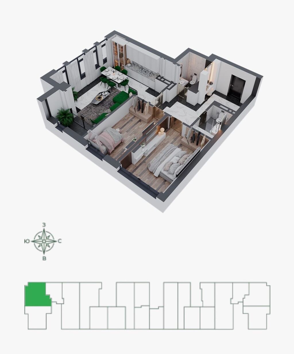 3 комнаты, 90 м², Азия Молл Элитка, 15 этаж, ПСО (под самоотделку): фото 8