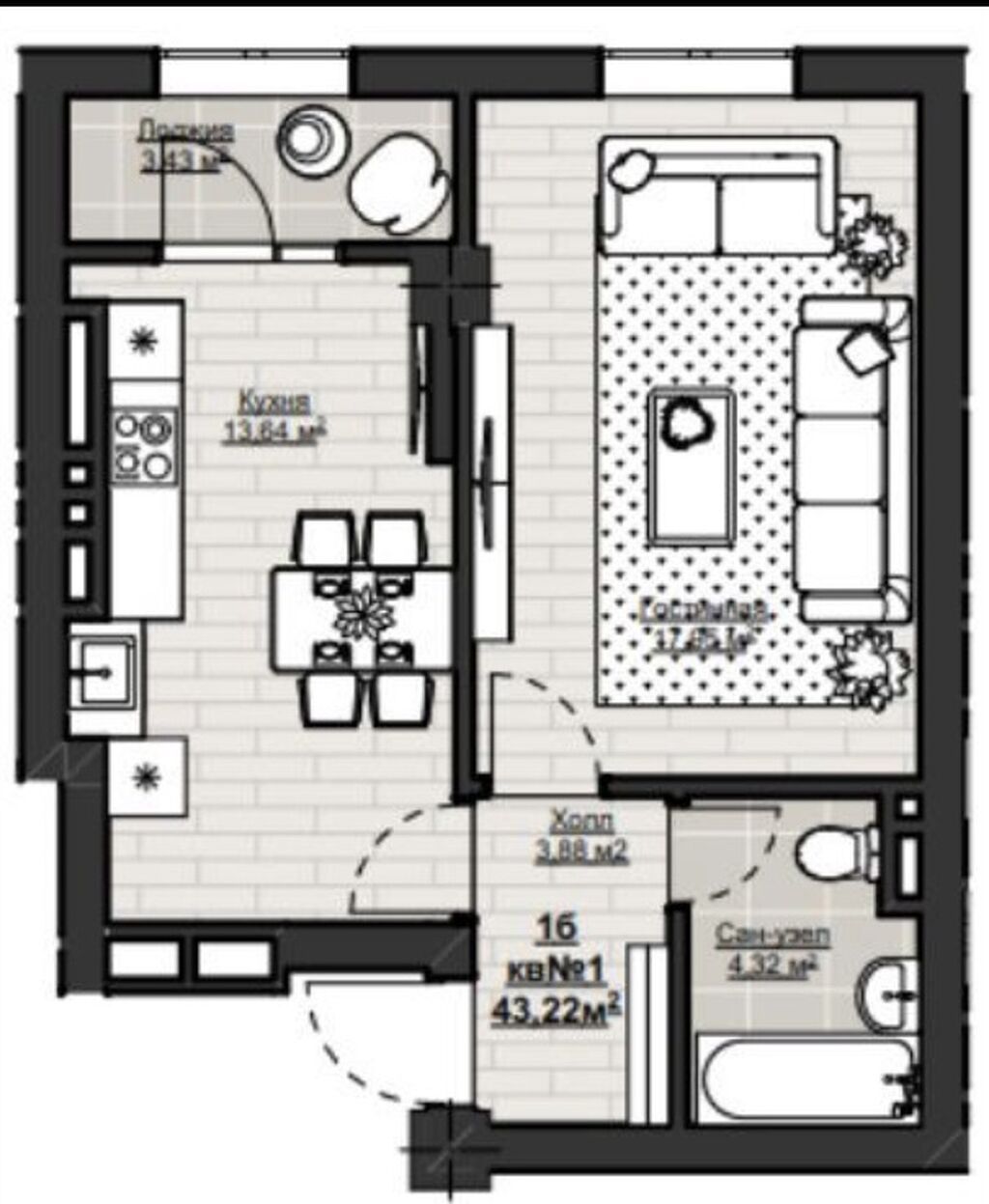 1 комната, 43 м², Элитка, АУЦА Элитка, 6 этаж, ПСО (под самоотделку): фото 4