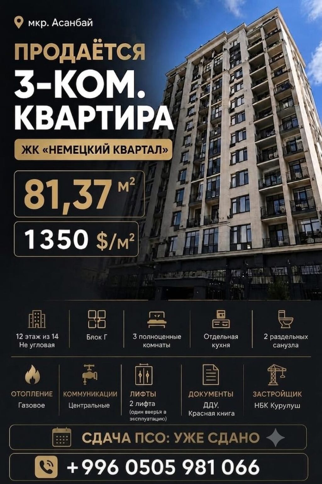 3 комнаты, 81 м², Асанбай мкр Элитка, 12 этаж, ПСО (под самоотделку): фото 1
