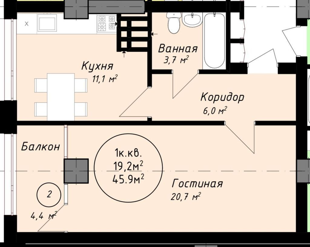1 комната, 46 м², парк Фучика Индивидуалка, 12 этаж, ПСО (под самоотделку): фото 4