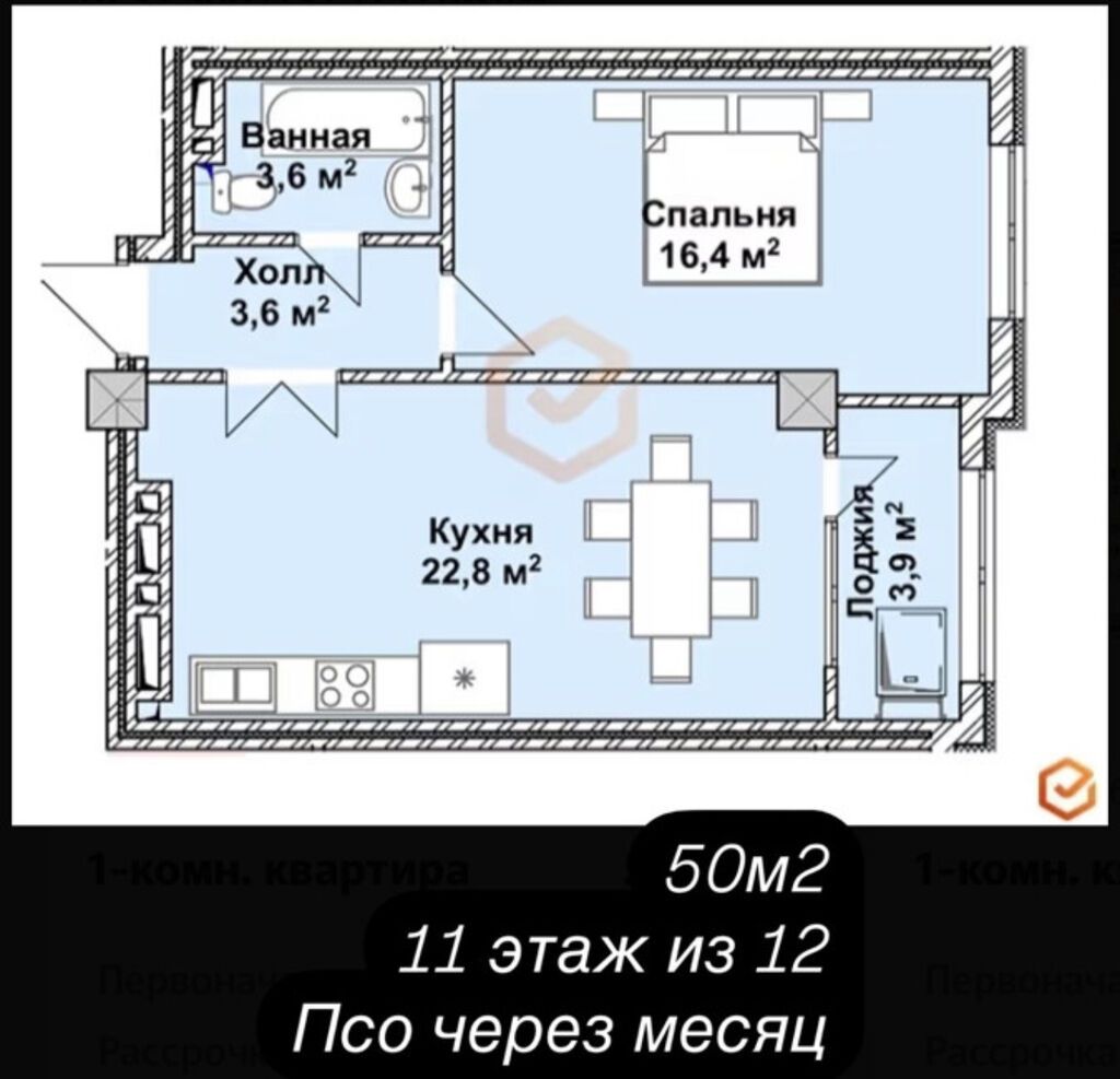 1 комната, 50 м², БГУ Элитка, 11 этаж: фото 3