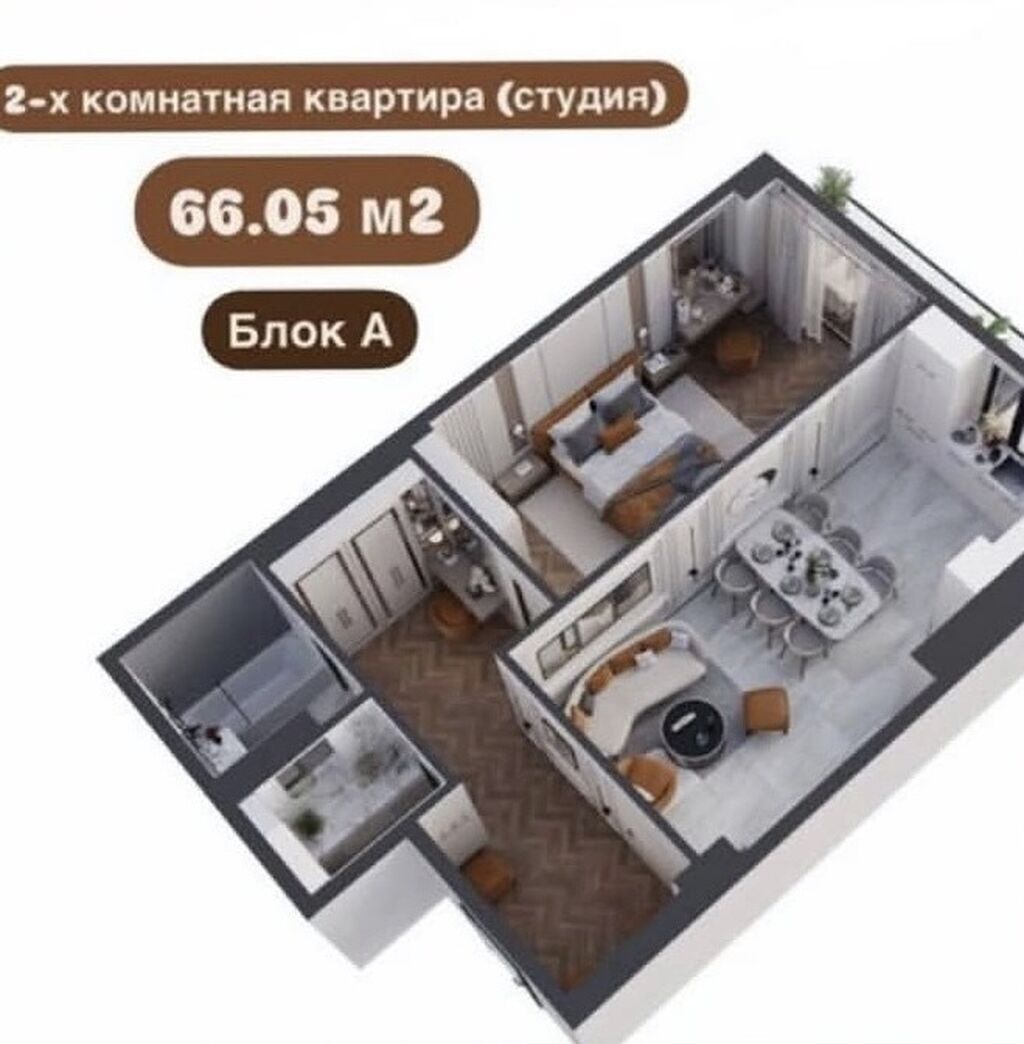 2 комнаты, 66 м², Кок-Жар мкр Элитка, 13 этаж, ПСО (под самоотделку): фото 3