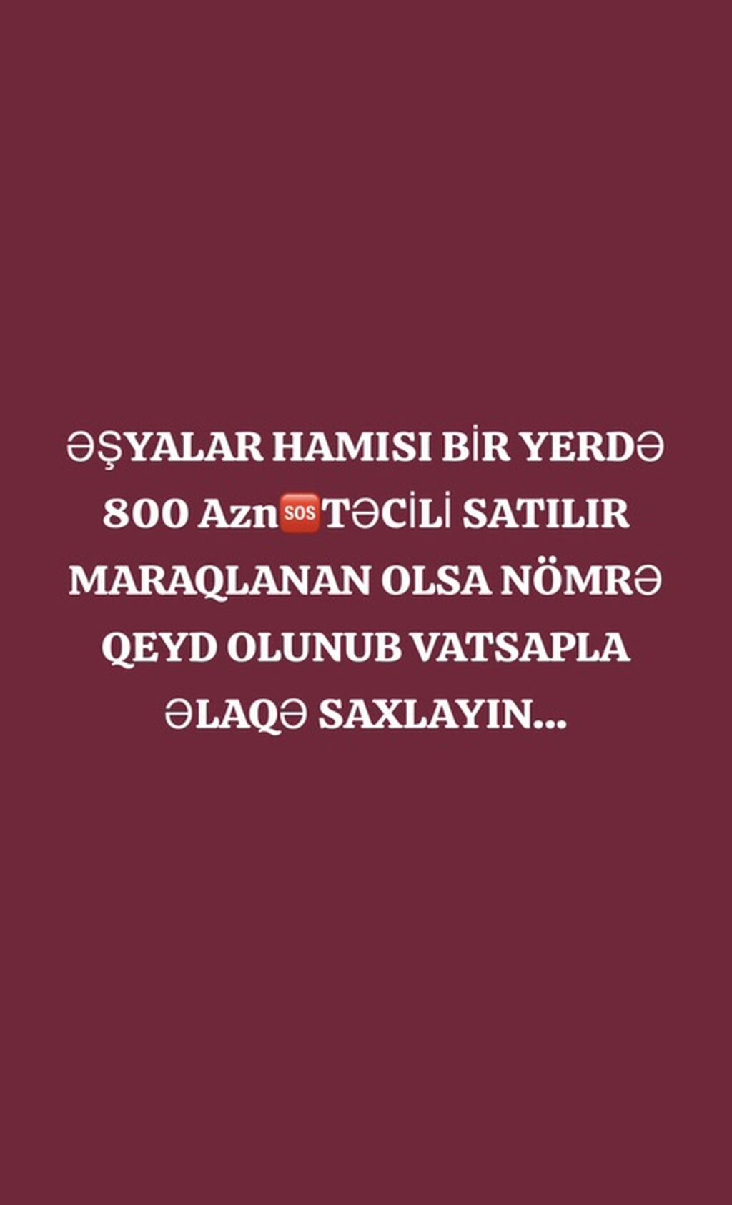 Başlıq: Eşyalar hamısı bir yerdə – təcili satılır Məhsul/təklif: - Ev