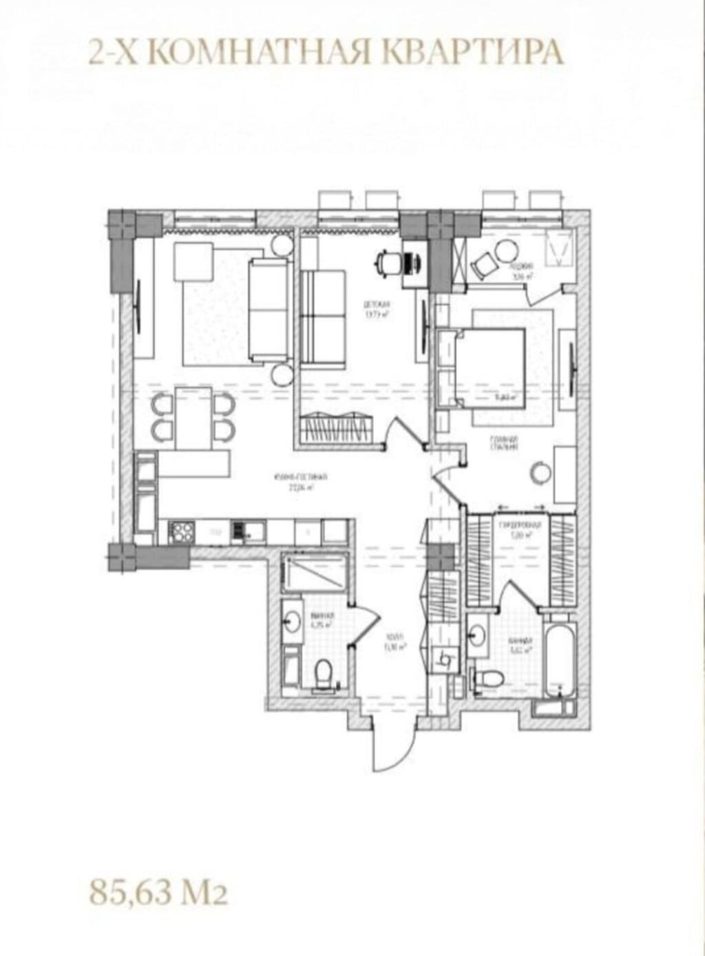 2 комнаты, 86 м², Асанбай мкр 11 этаж, ПСО (под самоотделку): фото 2
