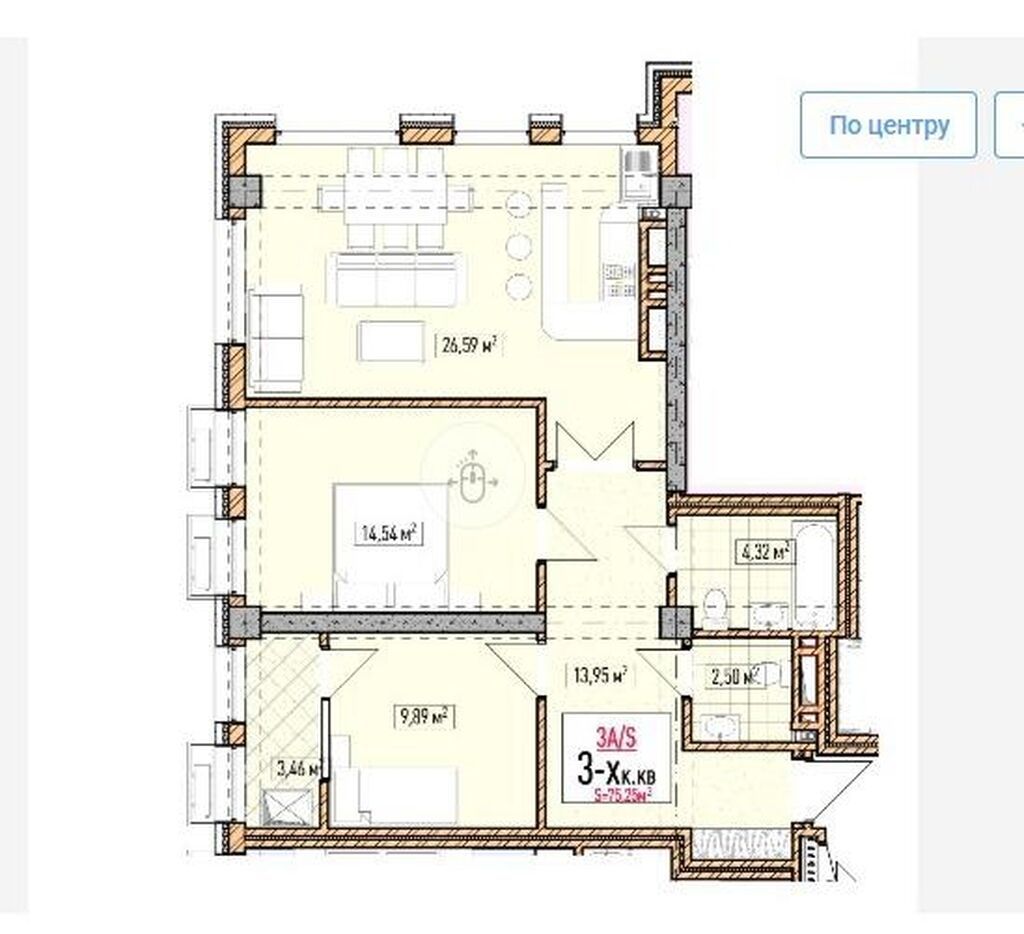 3 комнаты, 75 м², Южная Магистраль Индивидуалка, 11 этаж, ПСО (под самоотделку): фото 4
