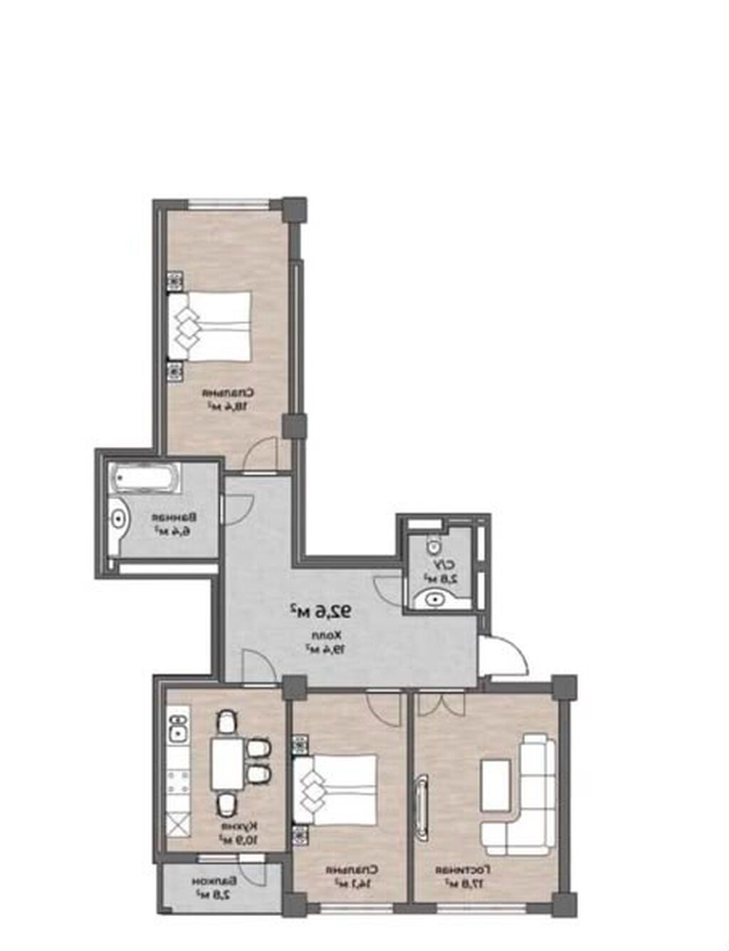 3 комнаты, 92 м², Технопарк Элитка, 12 этаж, ПСО (под самоотделку): фото 7