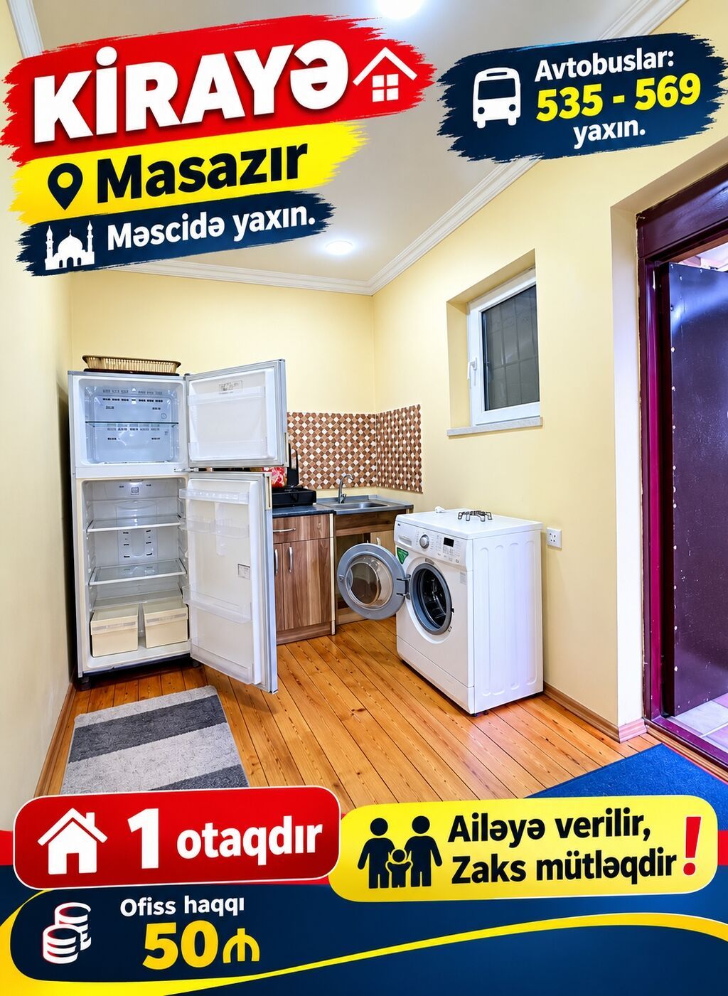 Ofisin Xidmet haqqı 50₼. Masazırda 535 Yolunda Mesçide yaxın yerde