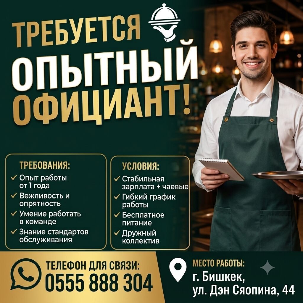Требуется официант с опытом от 1 года