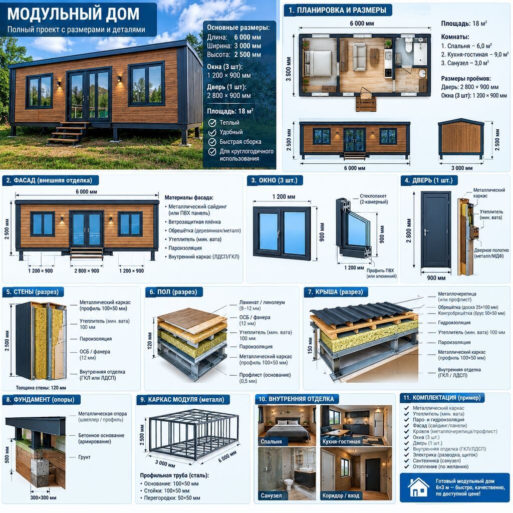 Модульный дом 6 × 3 м (площадь 18 м²) — готовое решение для: фото 3