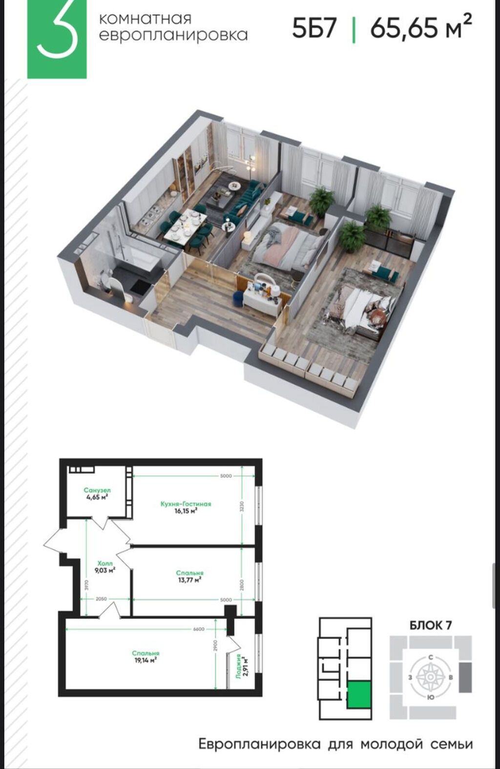 3 комнаты, 65 м², АЮ Гранд Элитка, 11 этаж, ПСО (под самоотделку): фото 2