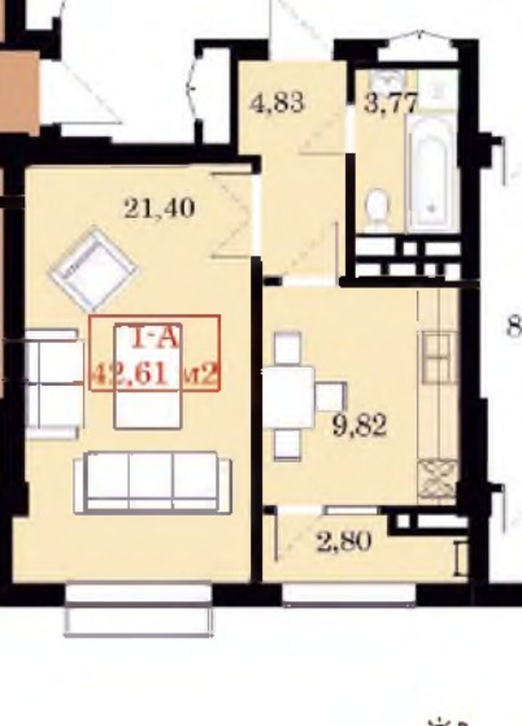 1 комната, 42 м², Джал-15 Элитка, 12 этаж, ПСО (под самоотделку): фото 3