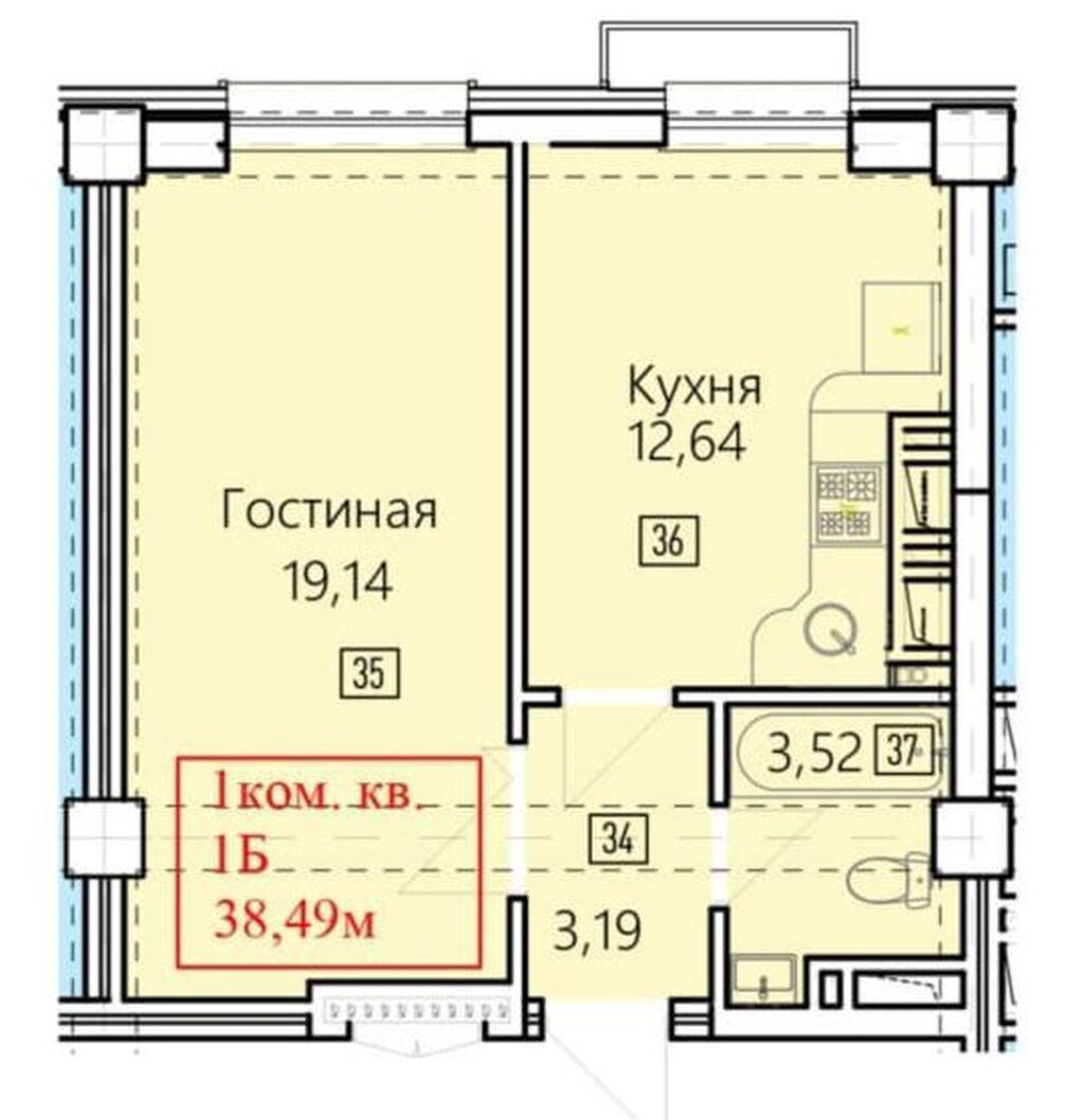 1 комната, 39 м², Асанбай мкр Элитка, 3 этаж, ПСО (под самоотделку): фото 2