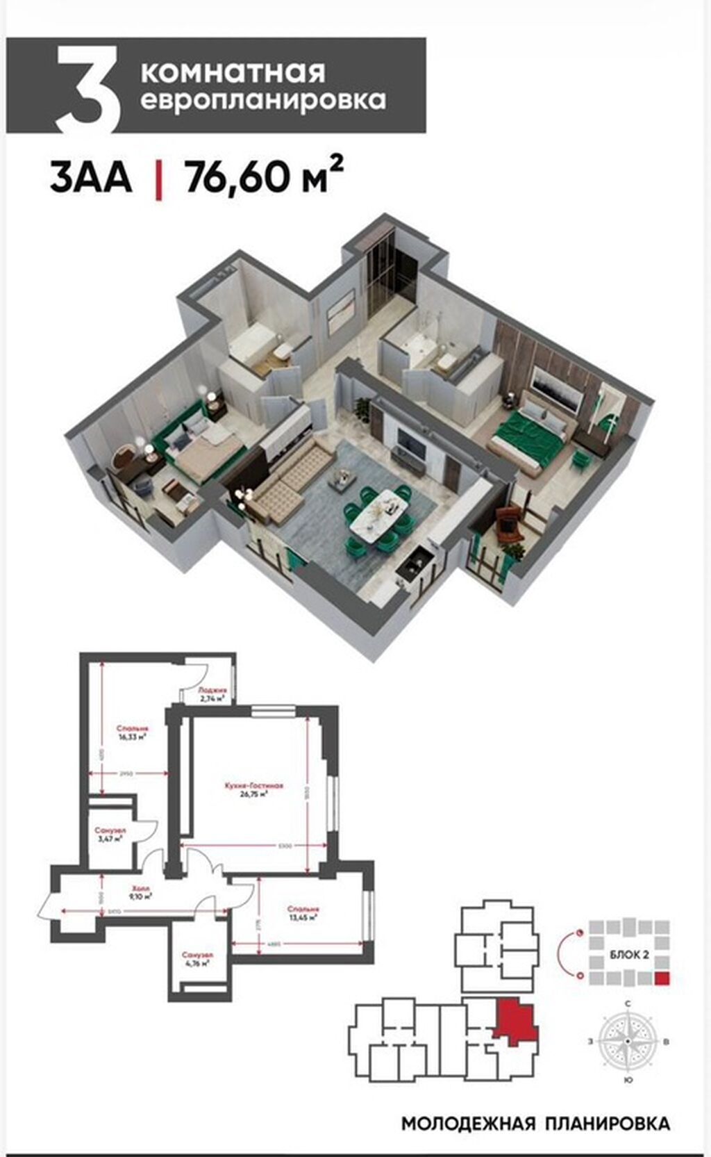 3 комнаты, 77 м², Элитка, 13 этаж, ПСО (под самоотделку): фото 2