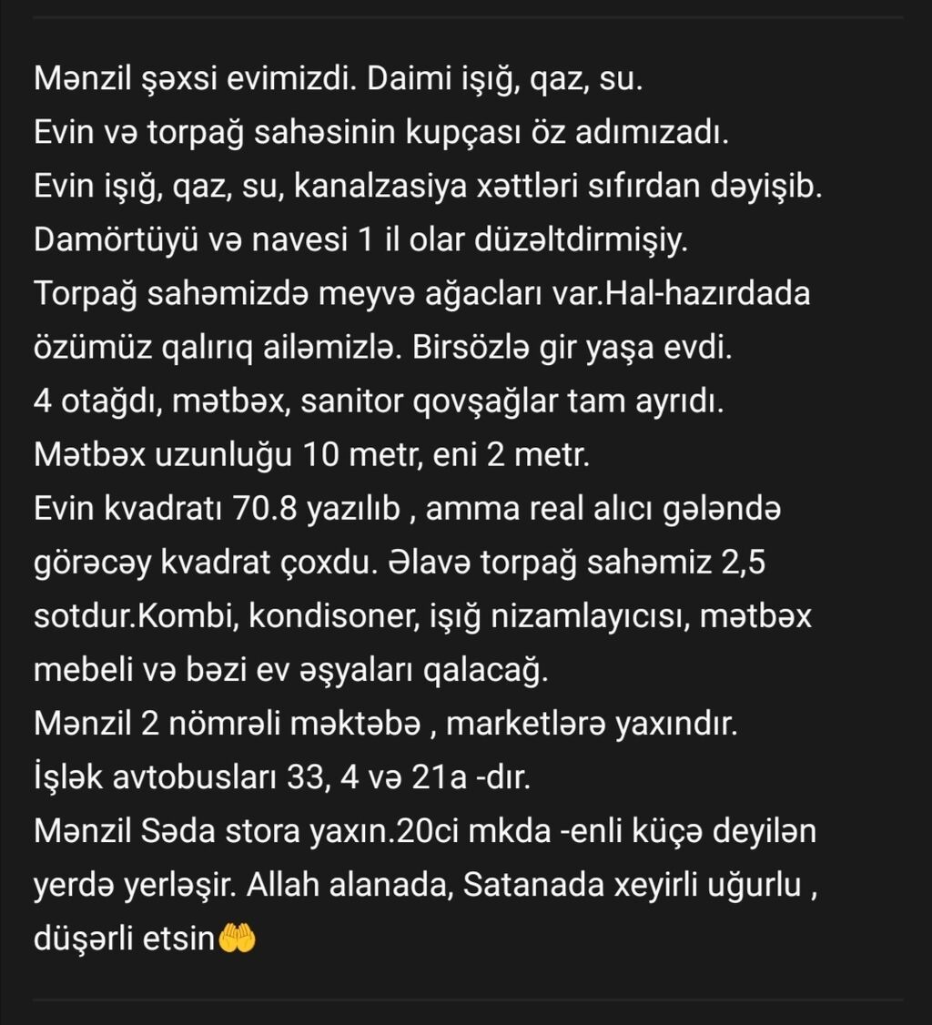 Satılır: 4 otaqlı həyət evi – 20-ci məhəllə, “ənli küçə” adlanan