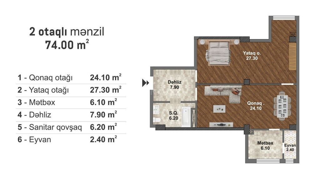 Məmmədli, 2 otaqlı, Yeni tikili, m. Koroğlu, 74 kv. m