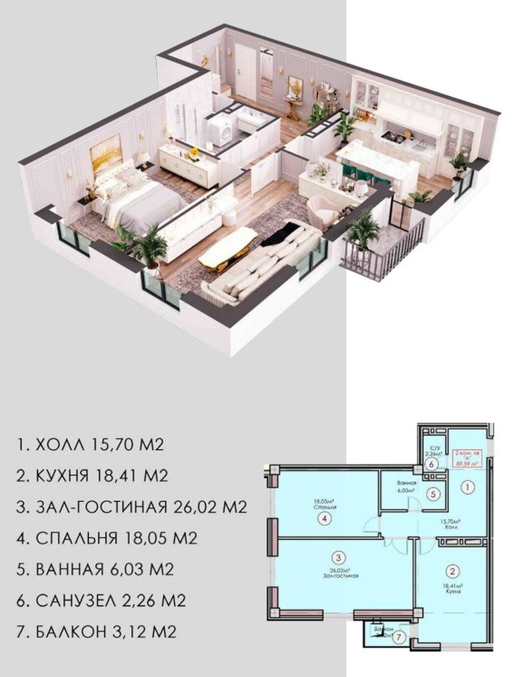 2 комнаты, 90 м², Южная Магистраль Элитка, 10 этаж, ПСО (под самоотделку): фото 4