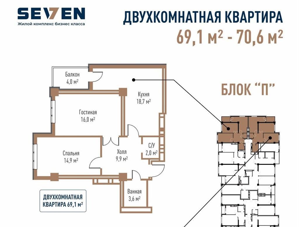 2 комнаты, 70 м², Технопарк Элитка, 6 этаж, ПСО (под самоотделку): фото 1