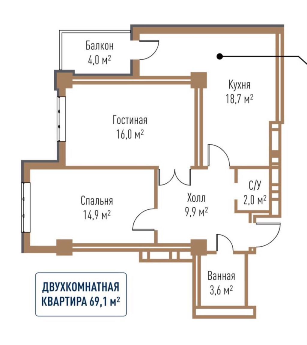 2 комнаты, 69 м², Технопарк Элитка, 7 этаж, ПСО (под самоотделку): фото 3