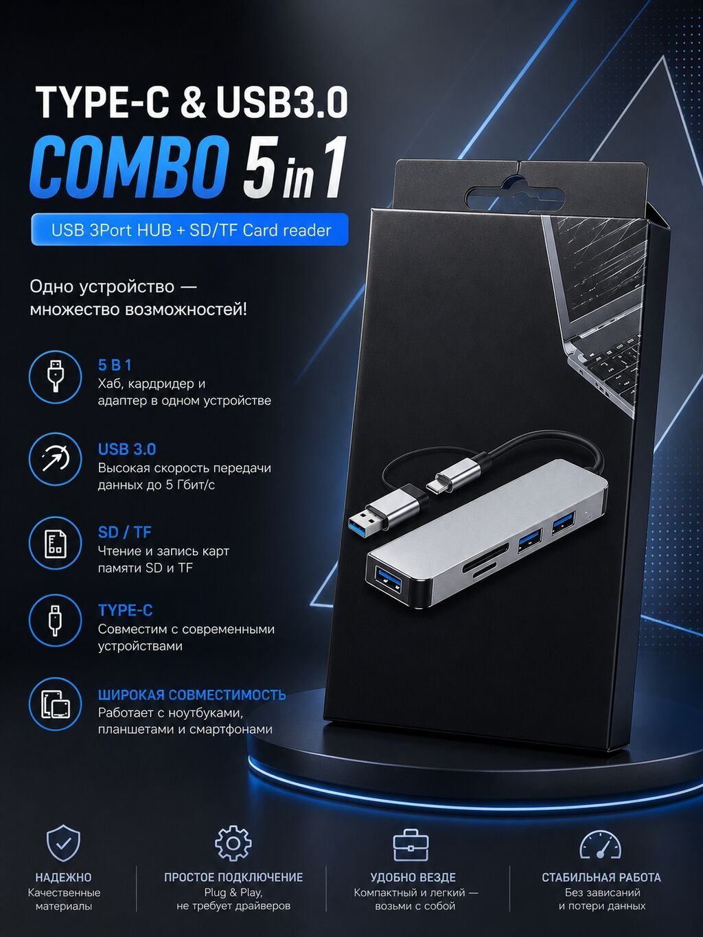 TYPE-C+USB & COMBO 5 в 1 — универсальный USB‑хаб, 3 Usb, кардридер: фото 2