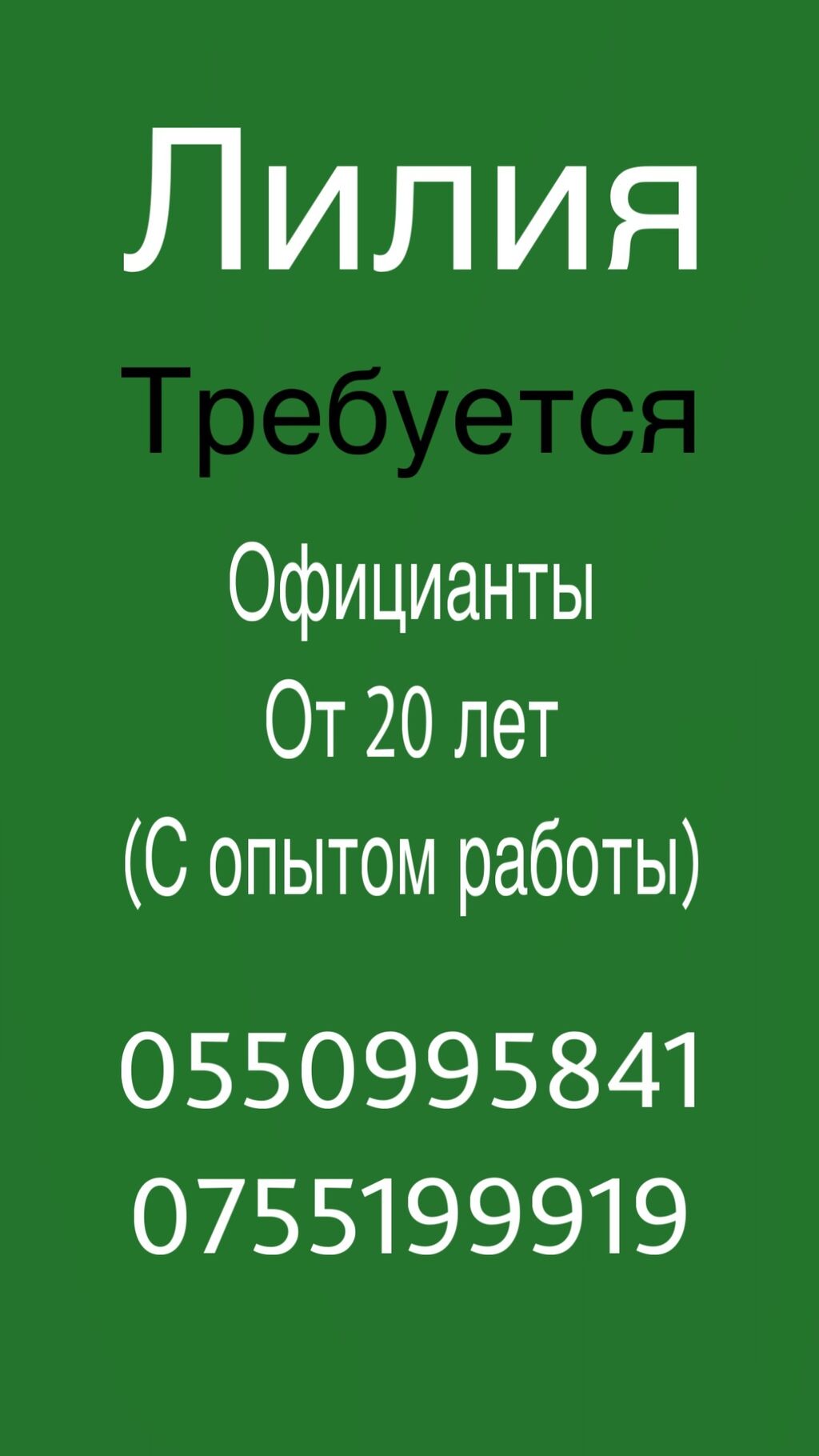 Требуется официанты в кафе Лилия! Город: Договорная ᐈ Официанты |  Кара-Балта | 37227745 ➤ lalafo.kg