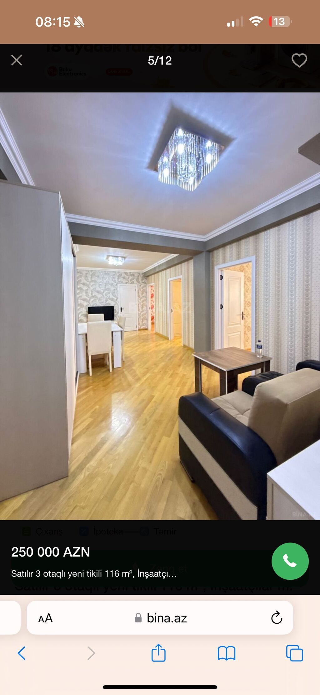 3 otaqlı, Yeni tikili, m. İnşaatçılar, 116 kv. m