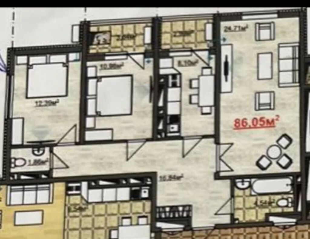 3 комнаты, 86 м², Баткенский рынок / базар Индивидуалка, 15 этаж: фото 3