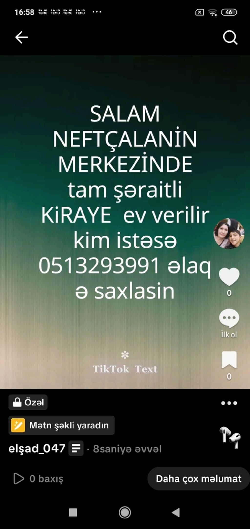 Neftçalanın mərkəzində tam şəraitli kirayə ev təklif olunur. Mənzil