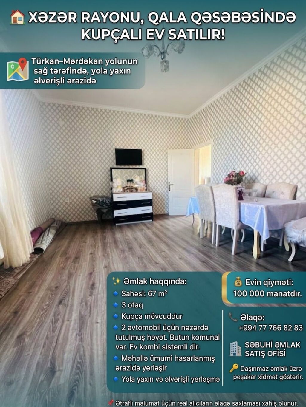 3 otaqlı, 67 kv. m, Yeni təmirli