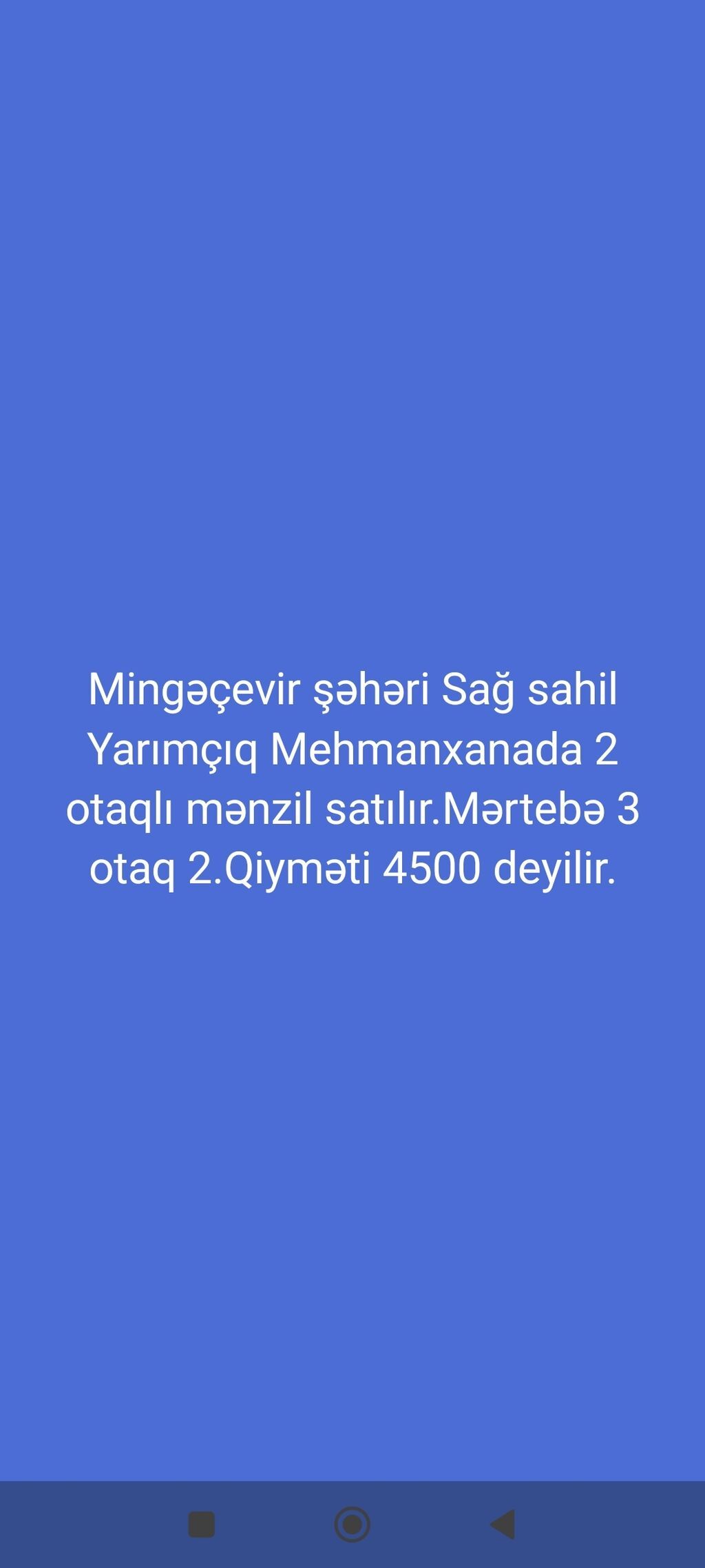 Mingəçevir, Sağ Sahil, Yarımçıq Mehmanxana binasında 2 otaqlı mənzil