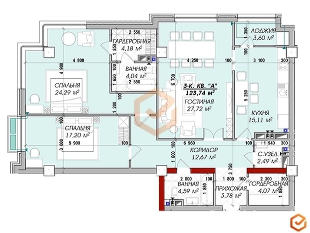3 комнаты, 124 м², БГУ Элитка, 14 этаж, ПСО (под самоотделку): фото 2