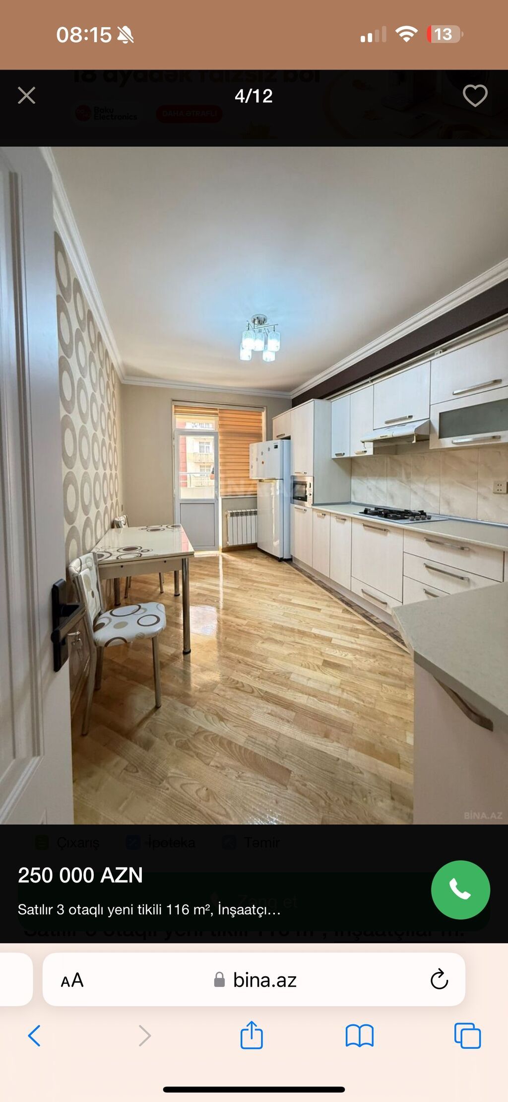 3 otaqlı, Yeni tikili, m. İnşaatçılar, 116 kv. m