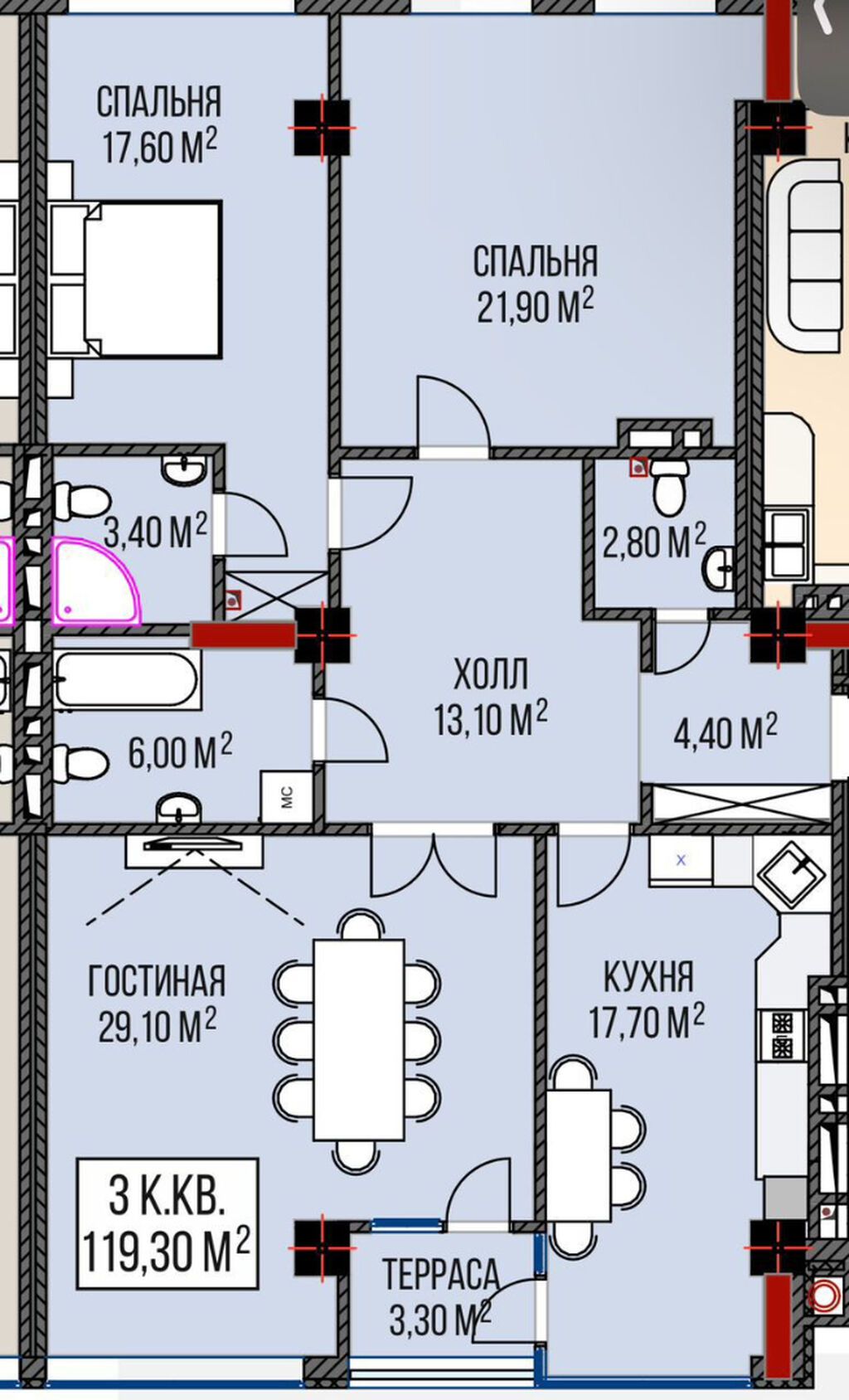 3 комнаты, 119 м², АУЦА Элитка, 2 этаж, ПСО (под самоотделку): фото 2