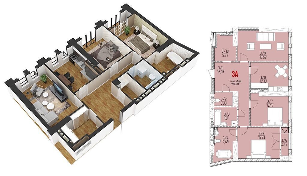 3 комнаты, 104 м², Мадина Элитка, 8 этаж, ПСО (под самоотделку): фото 2