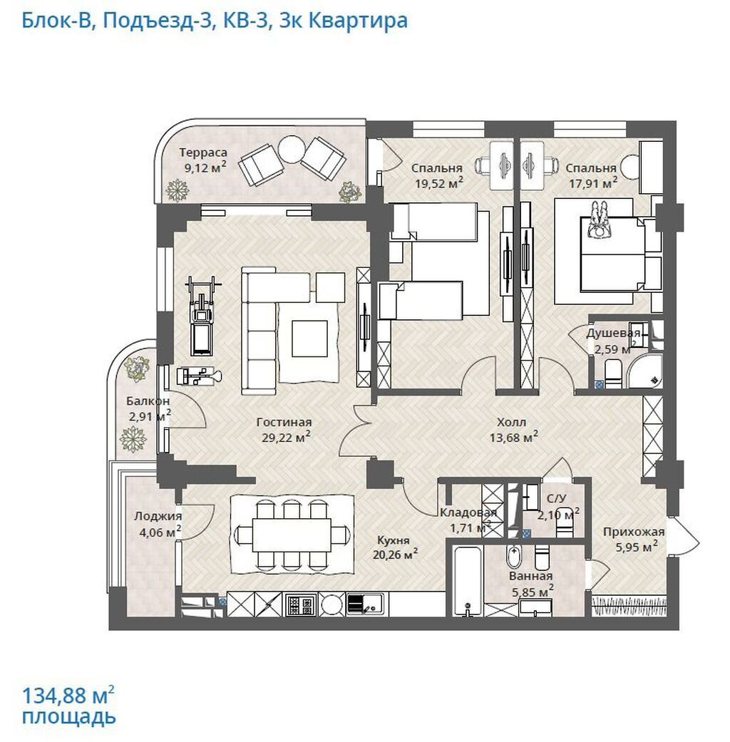 3 комнаты, 135 м², Элитка, 6 этаж, ПСО (под самоотделку): фото 5