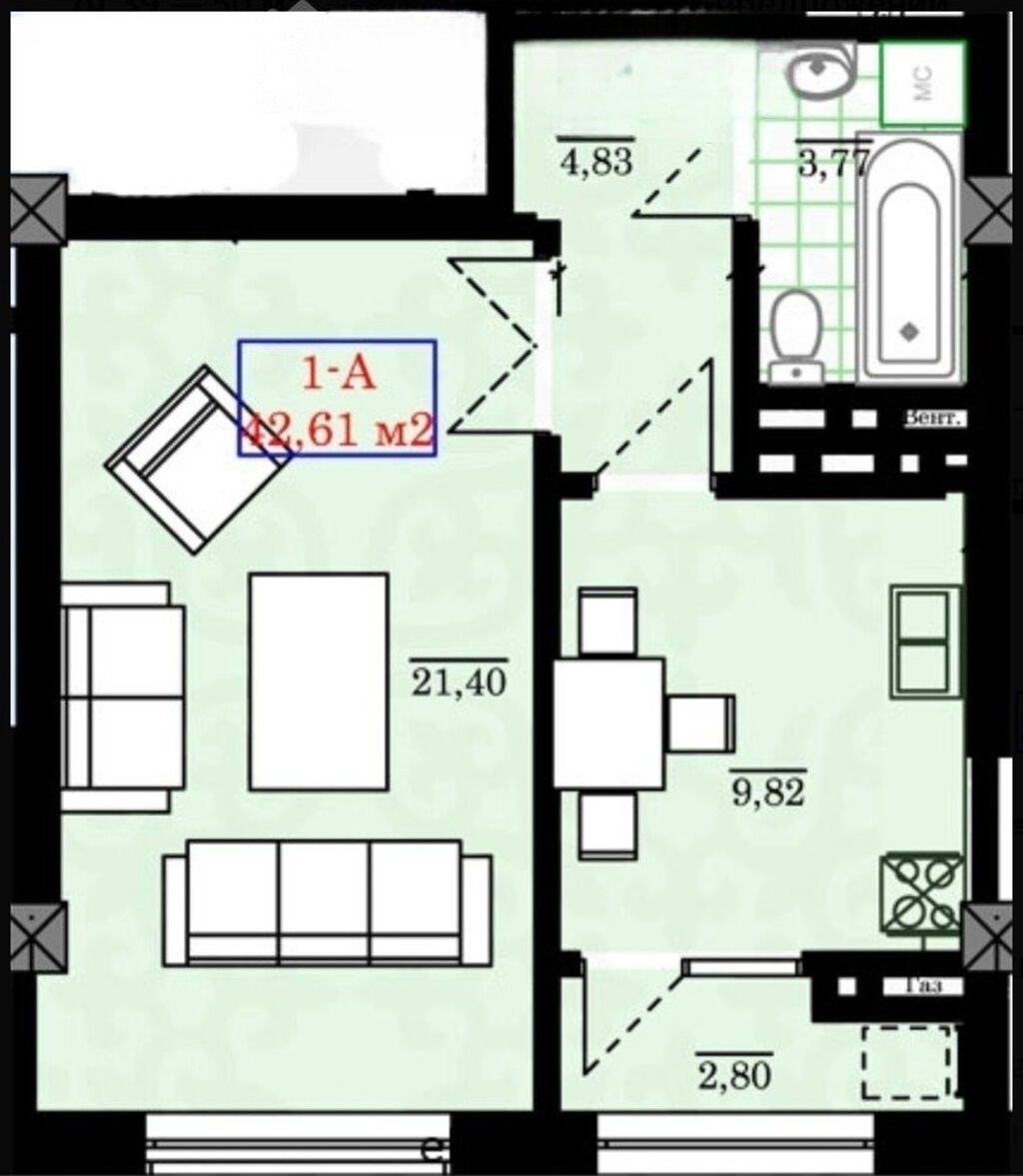 1 комната, 43 м², Элитка, 12 этаж, ПСО (под самоотделку) — фото 2