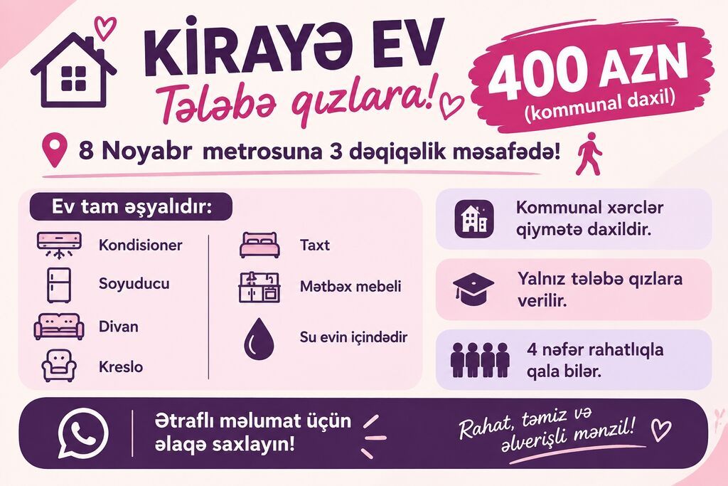 Kirayə ev – yalnız tələbə qızlara! Yerləşmə: - 8 Noyabr metrosuna 3