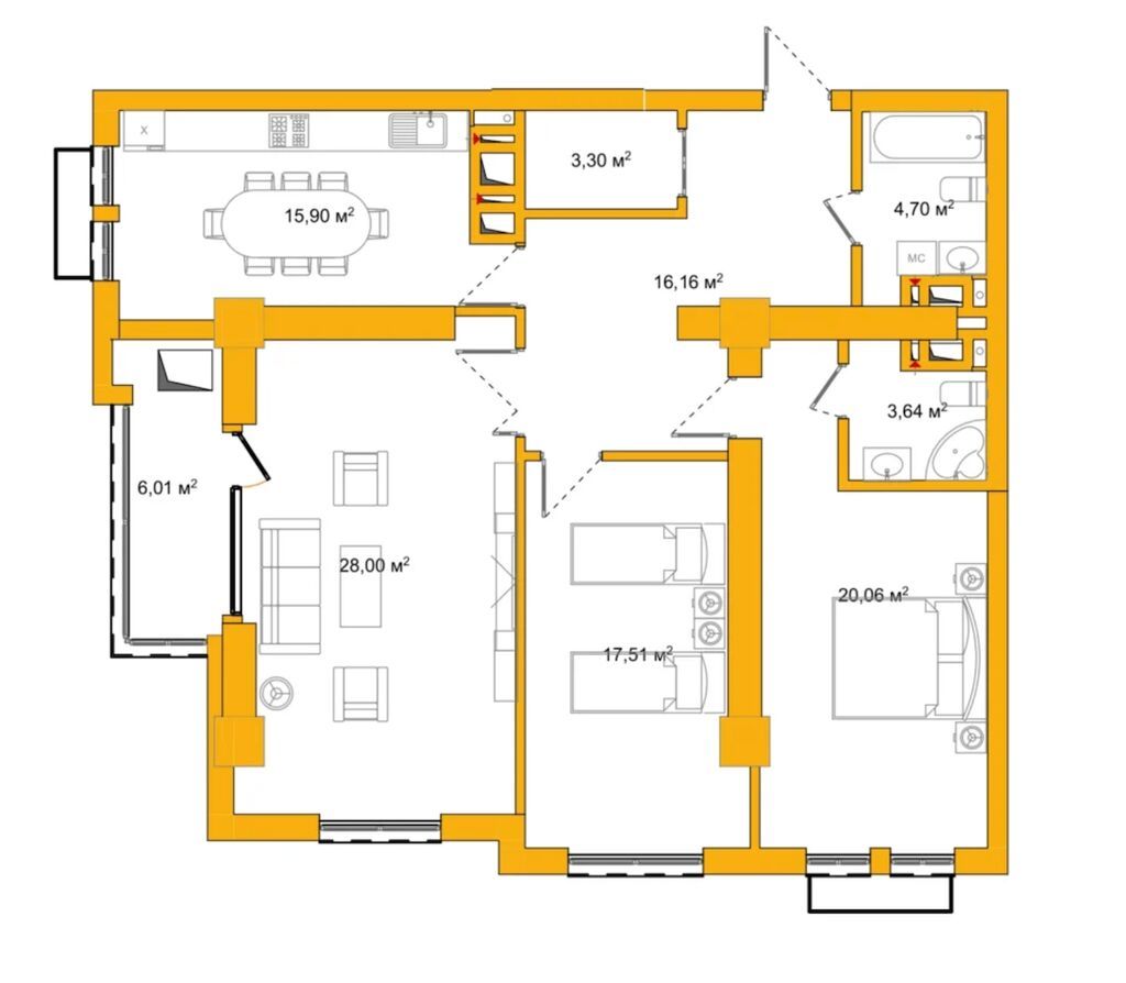 3 комнаты, 115 м², Южная Магистраль Элитка, 10 этаж, ПСО (под самоотделку): фото 2