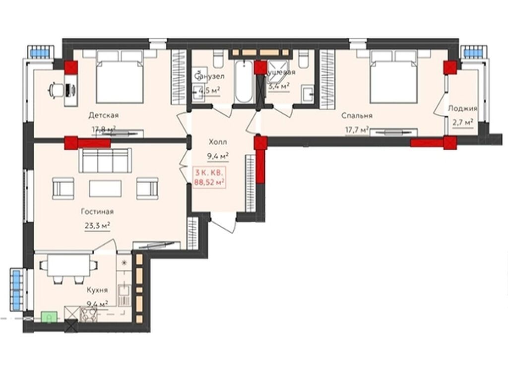 3 комнаты, 88 м², Кок-Жар ж/м Элитка, 6 этаж, ПСО (под самоотделку): фото 3