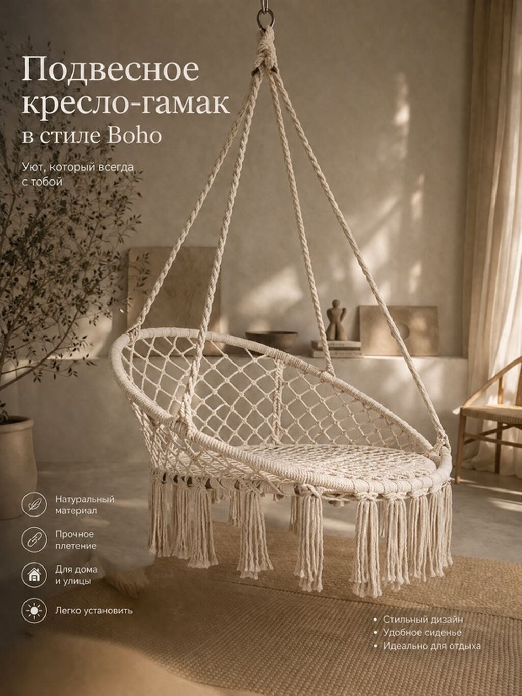 Подвесное кресло-гамак в стиле Boho - Натуральный материал - Прочное