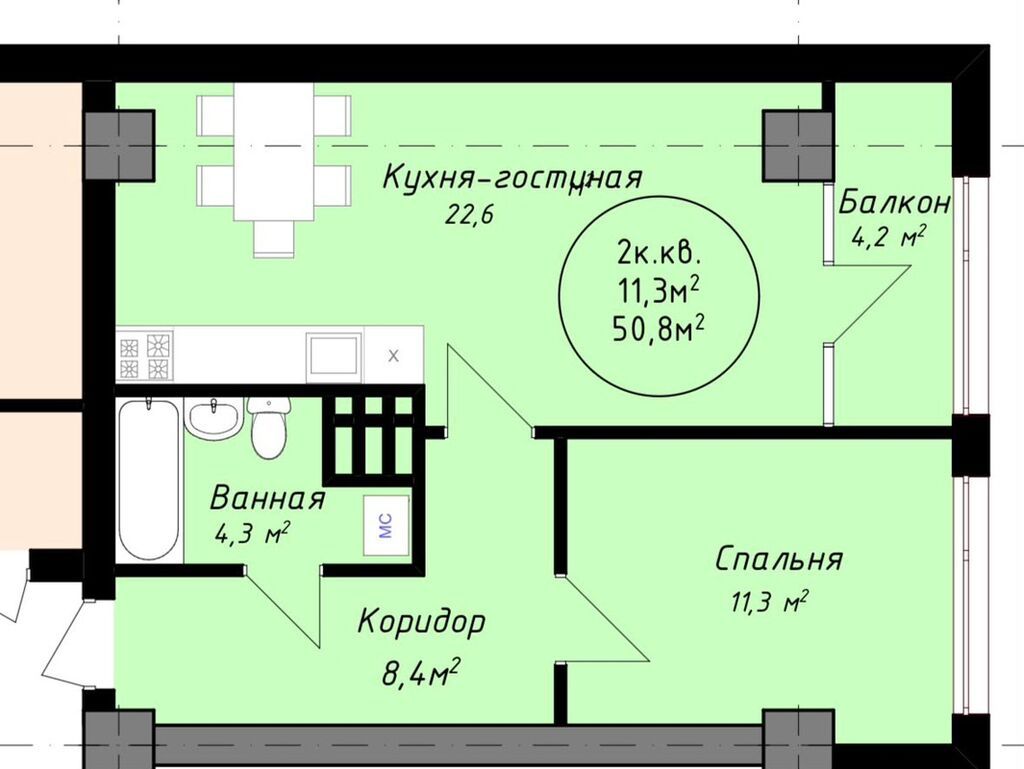 2 комнаты, 50 м², ул. Ден Сяопина / Фучика Элитка, 10 этаж, ПСО (под самоотделку): фото 1