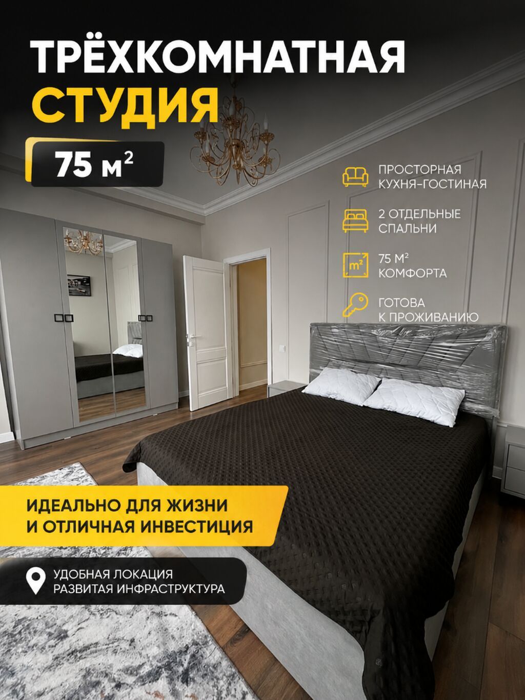 3 комнаты, 75 м², Азия Молл Элитка, 6 этаж, Евроремонт: фото 1