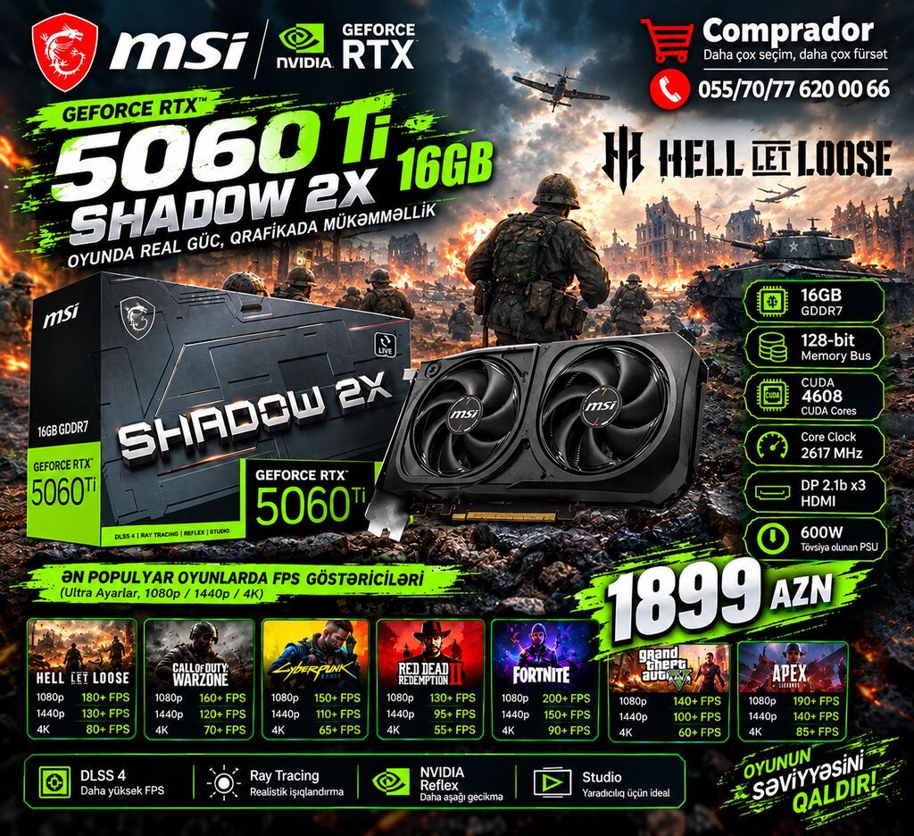 MSI GeForce RTX 5060 TI 16G SHADOW 2X OC PLUS – Yüksək səviyyəli oyun